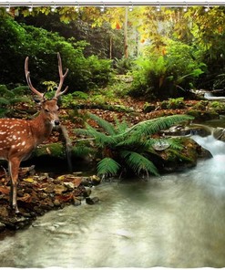 Sika Deer in Stream Print Shower Curtain for Nature Bathroom Decor
