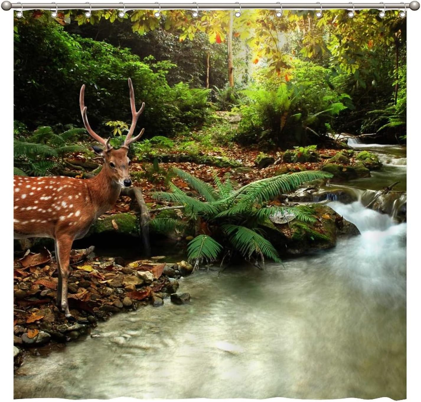 Sika Deer in Stream Print Shower Curtain for Nature Bathroom Decor