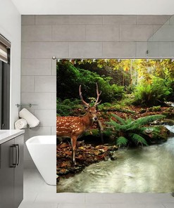 Sika Deer in Stream Print Shower Curtain for Nature Bathroom Decor