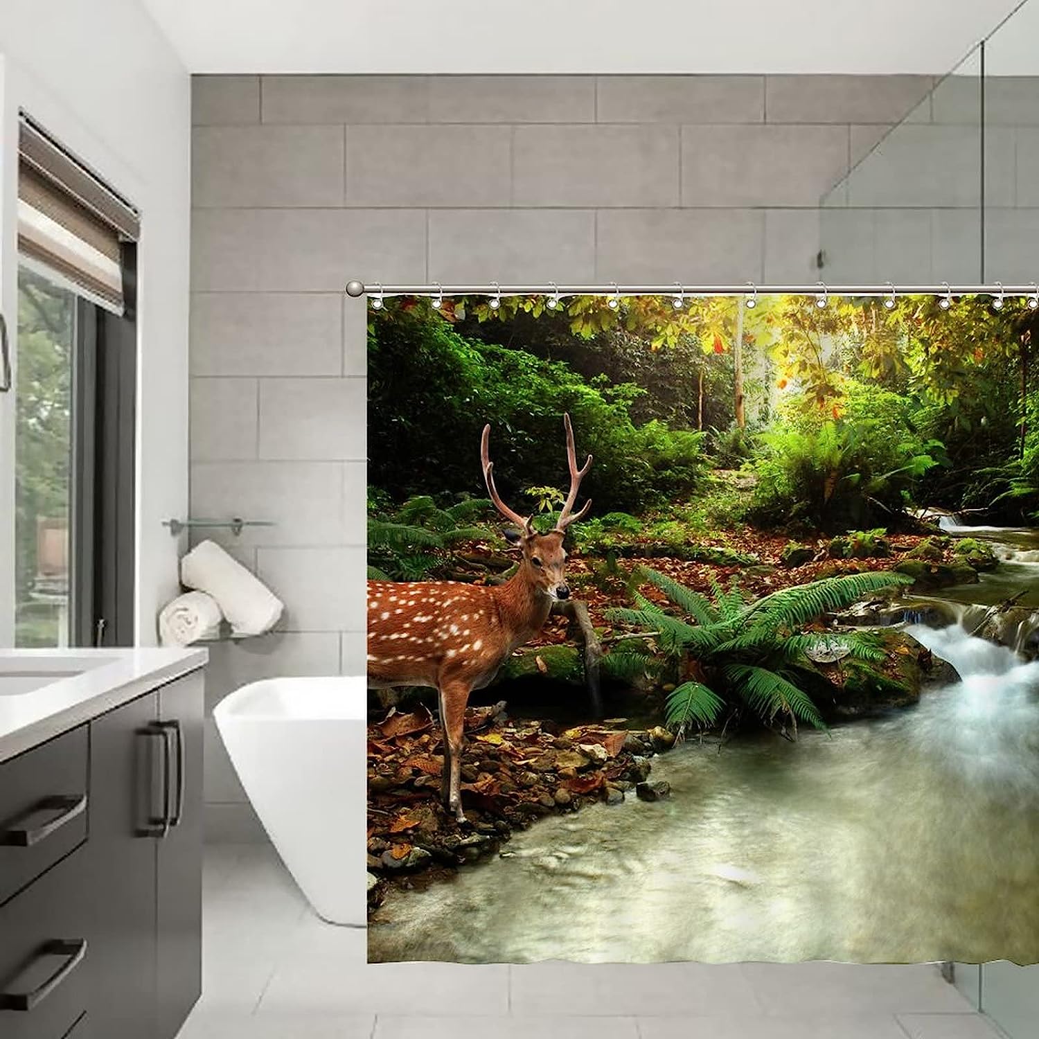 Sika Deer in Stream Print Shower Curtain for Nature Bathroom Decor
