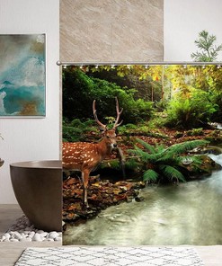 Sika Deer in Stream Print Shower Curtain for Nature Bathroom Decor