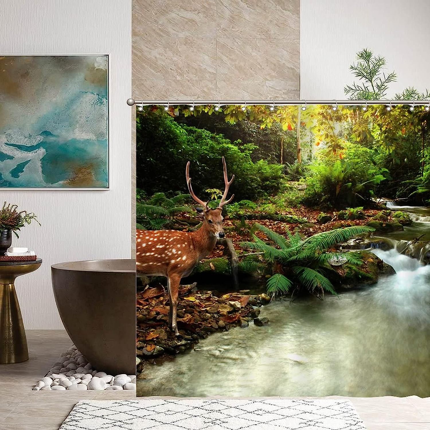 Sika Deer in Stream Print Shower Curtain for Nature Bathroom Decor