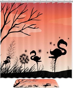 Silhouette Flamingo Field Sunset Unique Shower Curtain