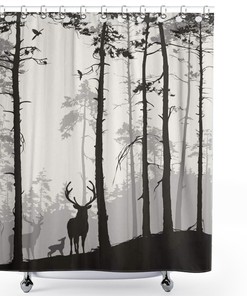 Silhouette Of Pine Forest Shower Curtain - Family Of Deer And Birds In Brown Waterproof Fabric Bathroom Decor