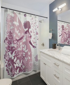 Silhouettes And Dancing Butterflies Princess Shower Curtain Lavender Pink Floral Print For Romantic Floral Ambiance 