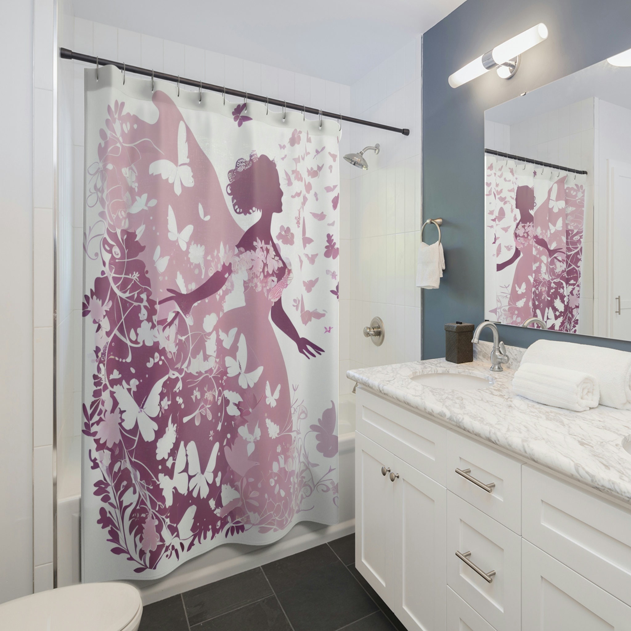 Silhouettes And Dancing Butterflies Princess Shower Curtain Lavender Pink Floral Print For Romantic Floral Ambiance