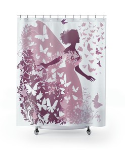 Silhouettes And Dancing Butterflies Princess Shower Curtain Lavender Pink Floral Print For Romantic Floral Ambiance