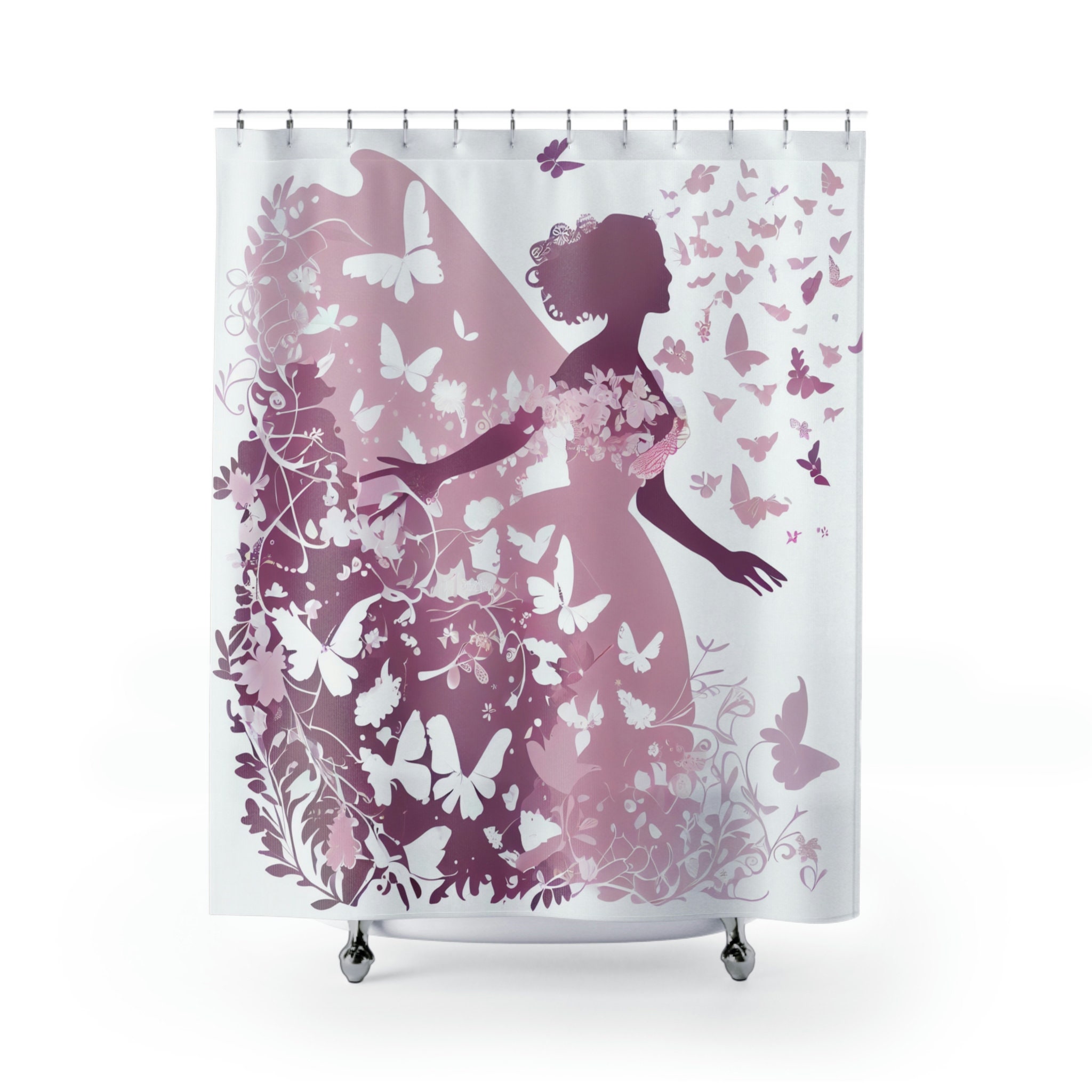 Silhouettes And Dancing Butterflies Princess Shower Curtain Lavender Pink Floral Print For Romantic Floral Ambiance
