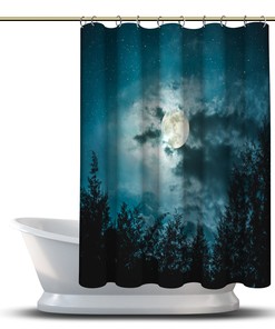 Silhouettes of Trees and Moon Night Shower Curtain for a Serene Bathroom