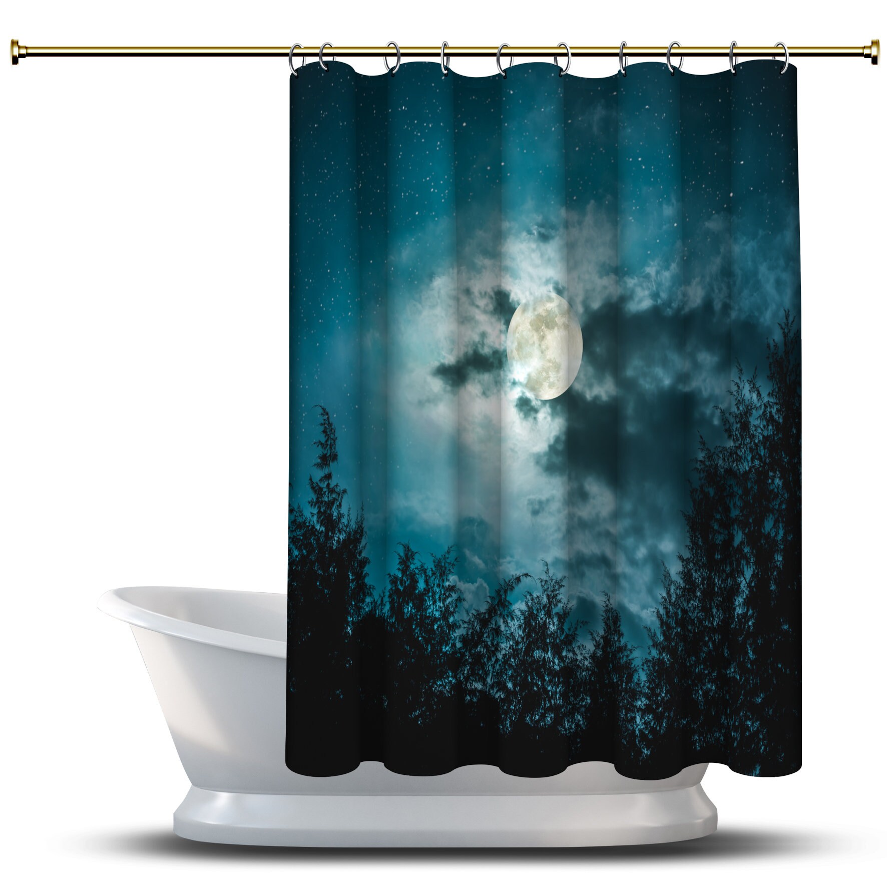 Silhouettes of Trees and Moon Night Shower Curtain for a Serene Bathroom