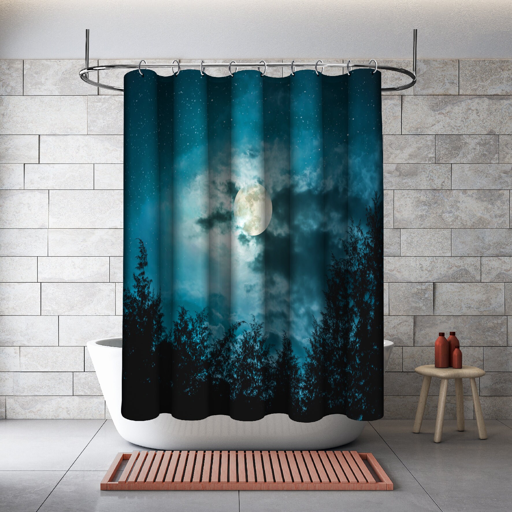 Silhouettes of Trees and Moon Night Shower Curtain for a Serene Bathroom