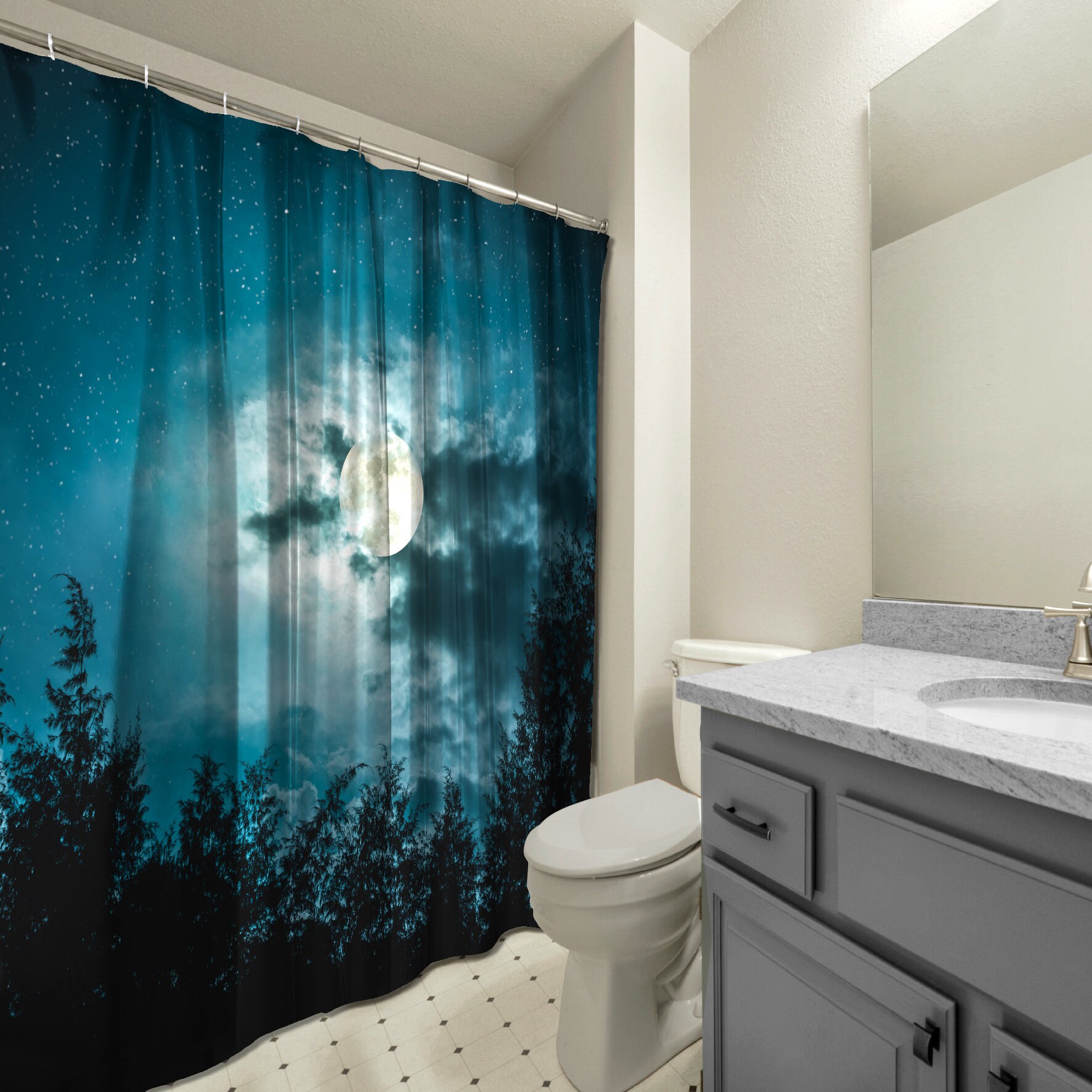 Silhouettes of Trees and Moon Night Shower Curtain for a Serene Bathroom