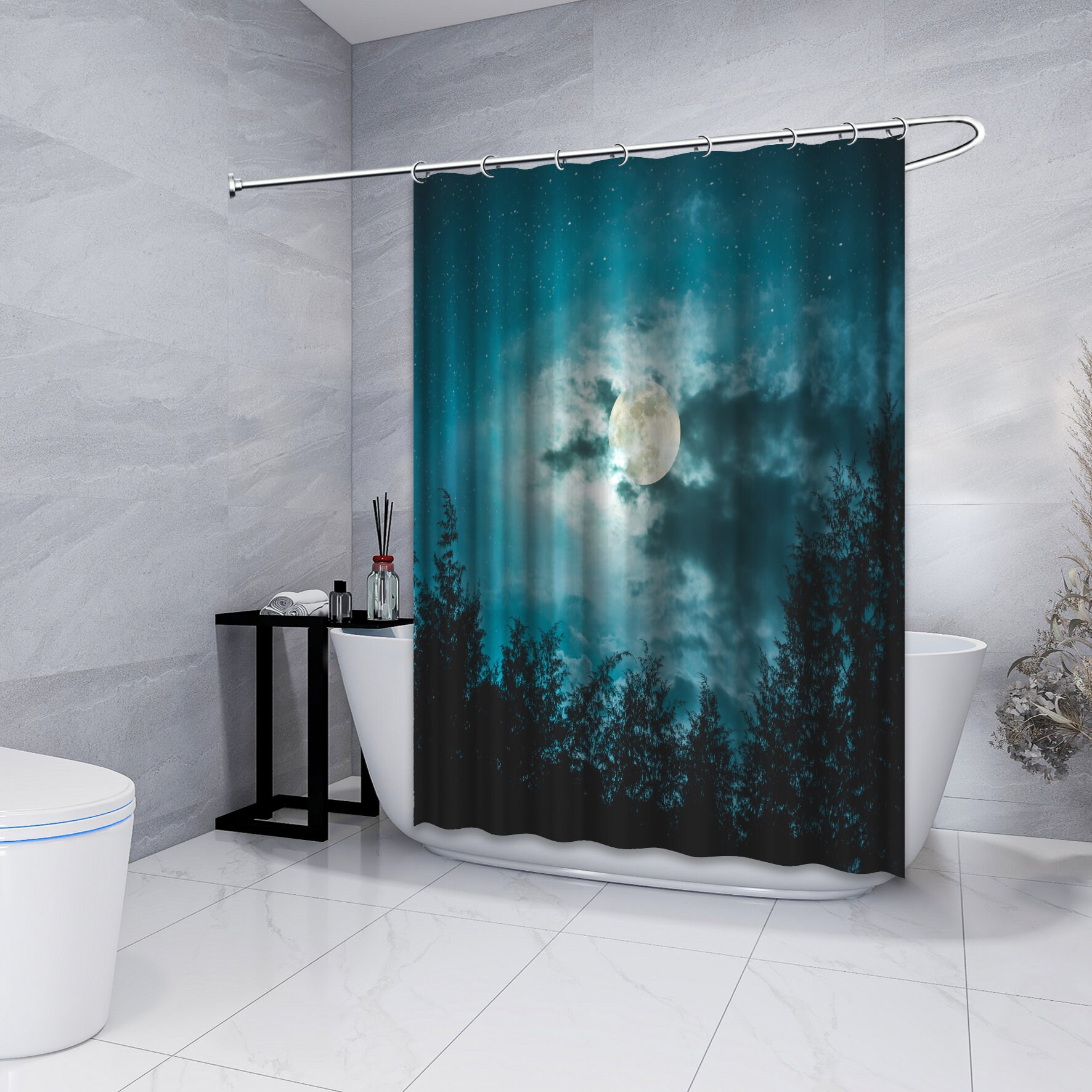 Silhouettes of Trees and Moon Night Shower Curtain for a Serene Bathroom