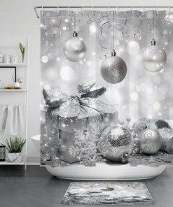 Silver Christmas Balls Snowflake Gifts Print Shower Curtain - Bathroom Accessories