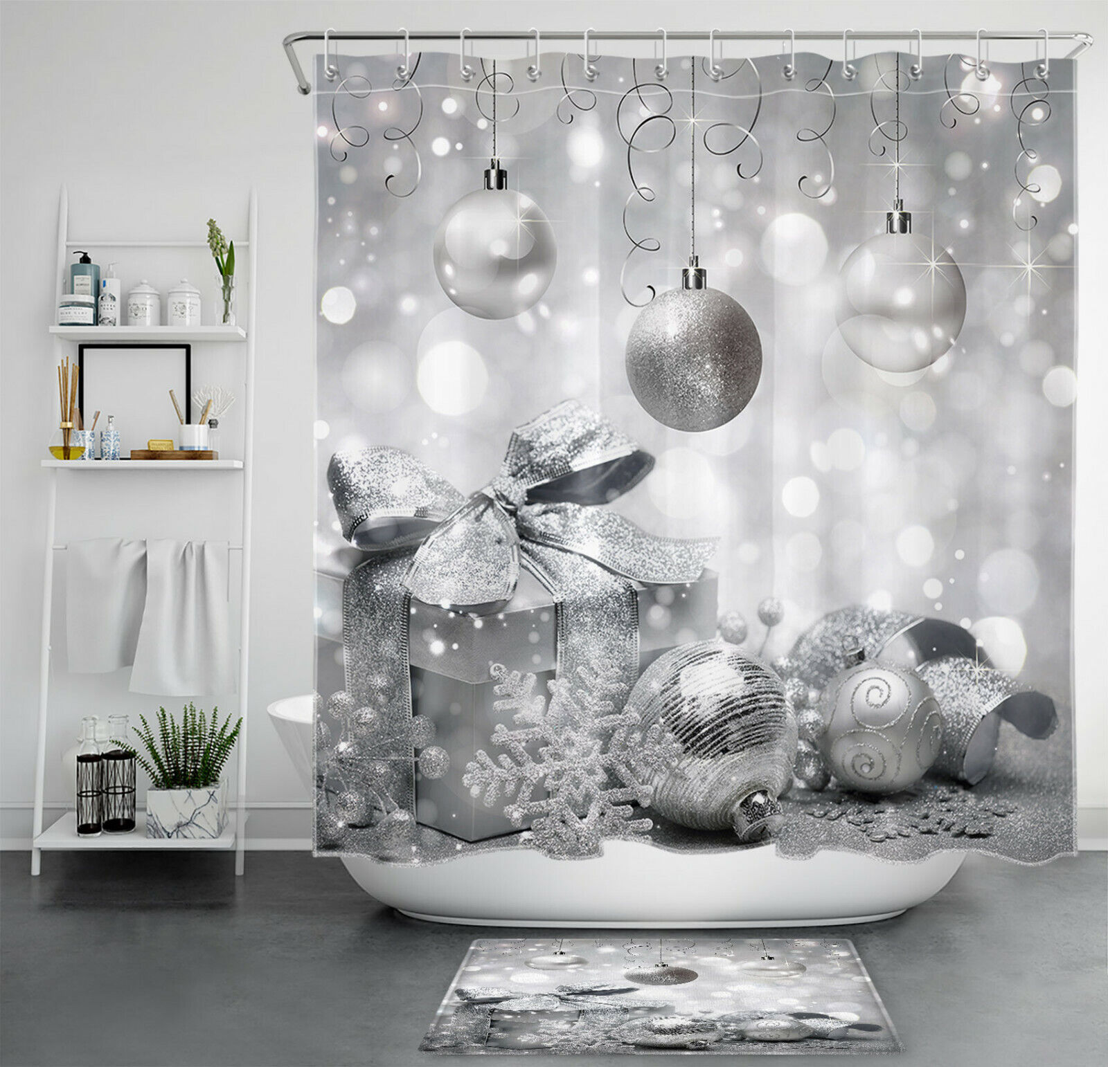 Silver Christmas Balls Snowflake Gifts Print Shower Curtain - Bathroom Accessories