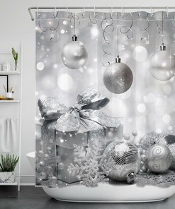 Silver Christmas Balls Snowflake Gifts Print Shower Curtain - Bathroom Accessories