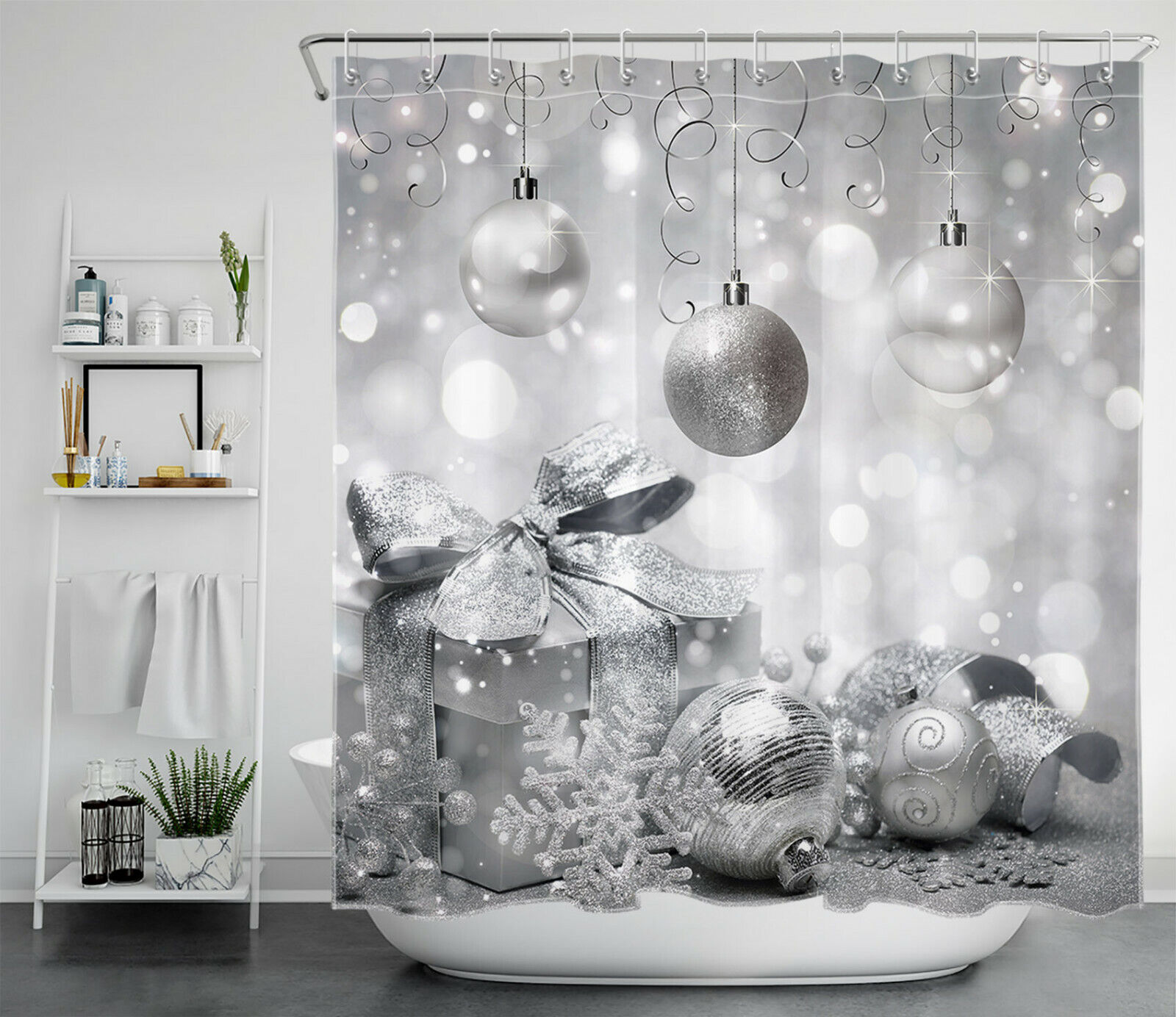 Silver Christmas Balls Snowflake Gifts Print Shower Curtain - Bathroom Accessories