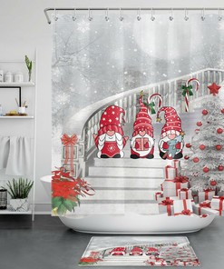 Silver Christmas Tree Cute Gnome Snowflake Print Shower Curtain - Bathroom Decor