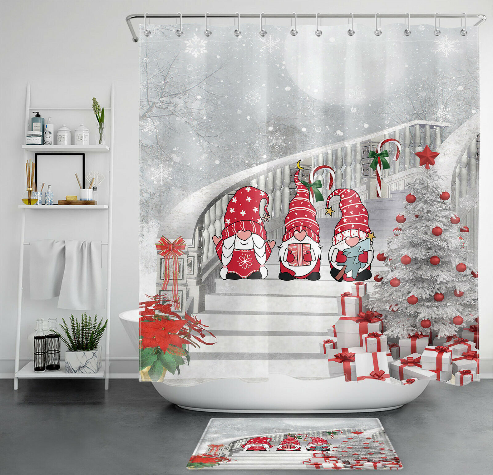 Silver Christmas Tree Cute Gnome Snowflake Print Shower Curtain - Bathroom Decor