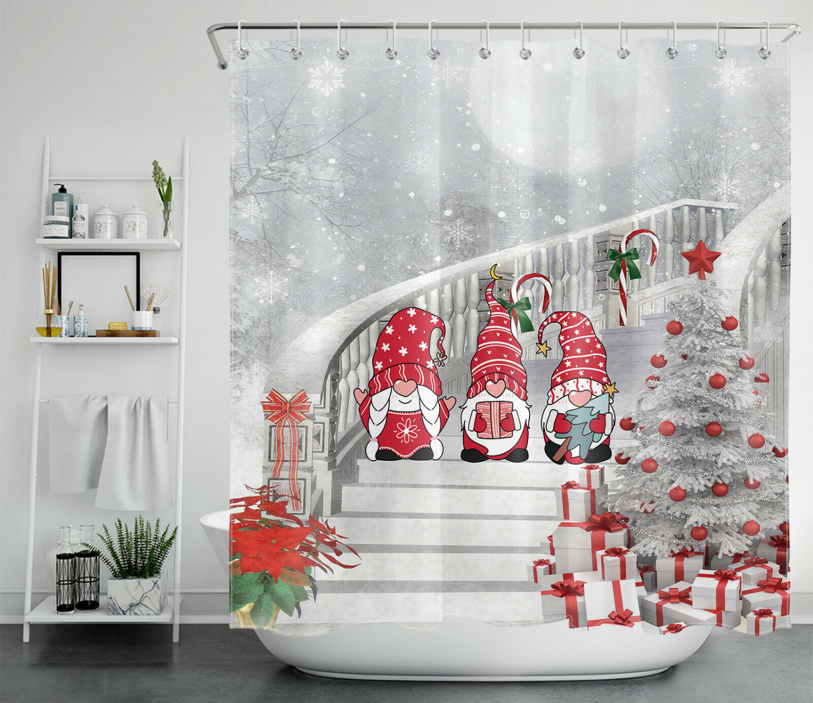 Silver Christmas Tree Cute Gnome Snowflake Print Shower Curtain - Bathroom Decor