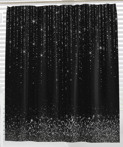 Silver Glitter Shimmering Shower Curtain with Black and Silver Print for Modern Bathrooms