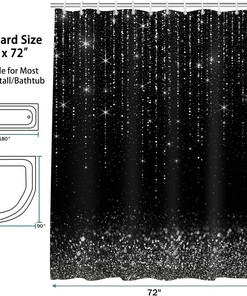 Silver Glitter Shimmering Shower Curtain with Black and Silver Print for Modern Bathrooms