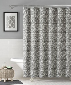 Silver White IKAT Floral Geometric Print Shower Curtain - Carla VCNY Design