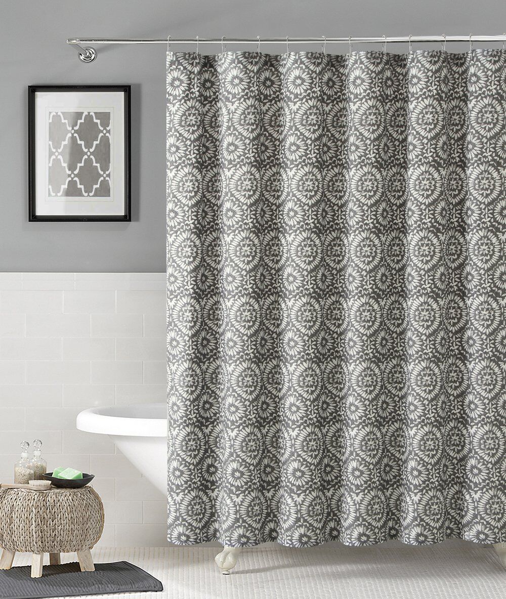 Silver White IKAT Floral Geometric Print Shower Curtain - Carla VCNY Design