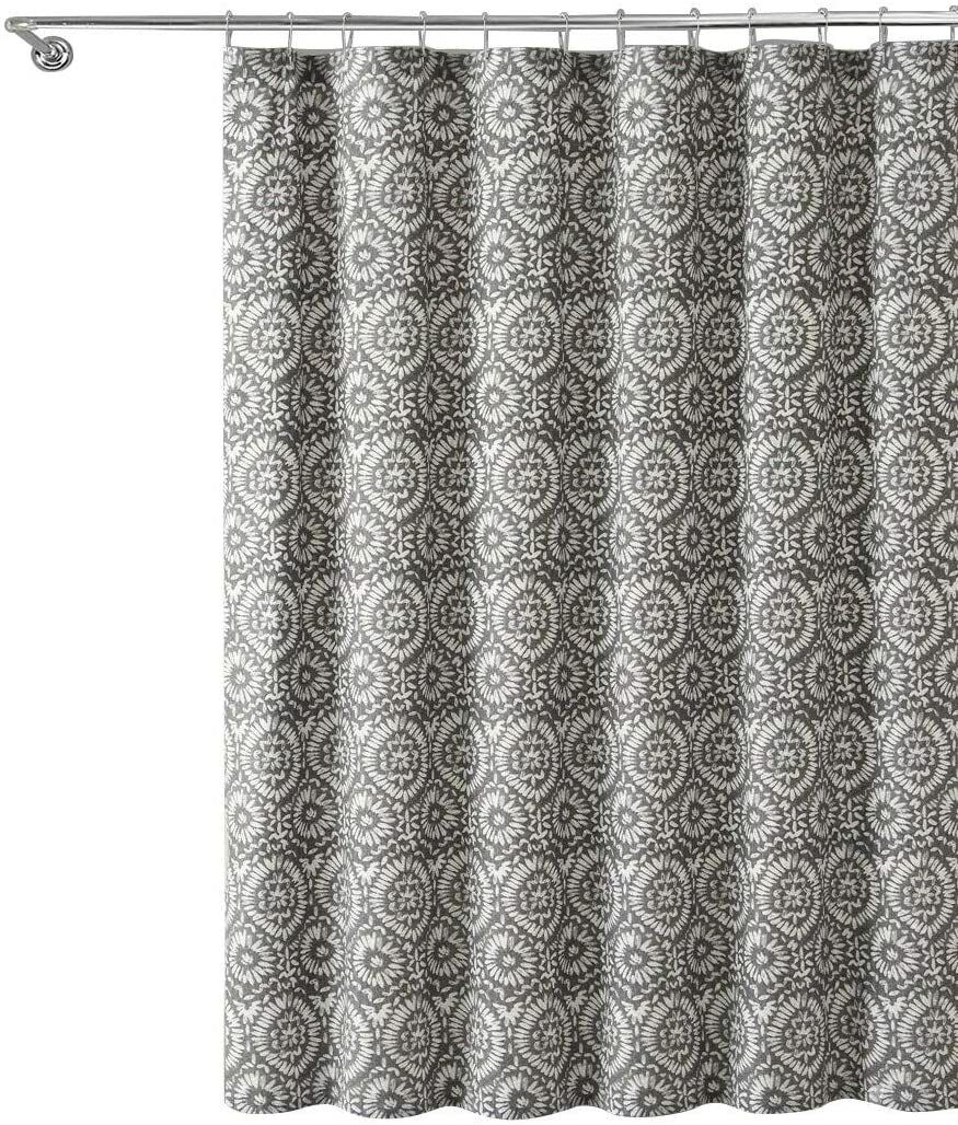 Silver White IKAT Floral Geometric Print Shower Curtain - Carla VCNY Design