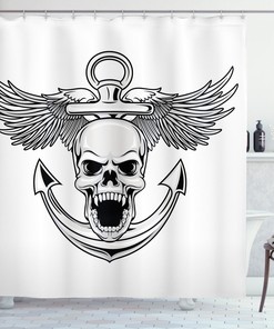 Silver and White Skull with Anchor and Eagle Wings Print Shower Curtain - Waterproof Bath Curtain