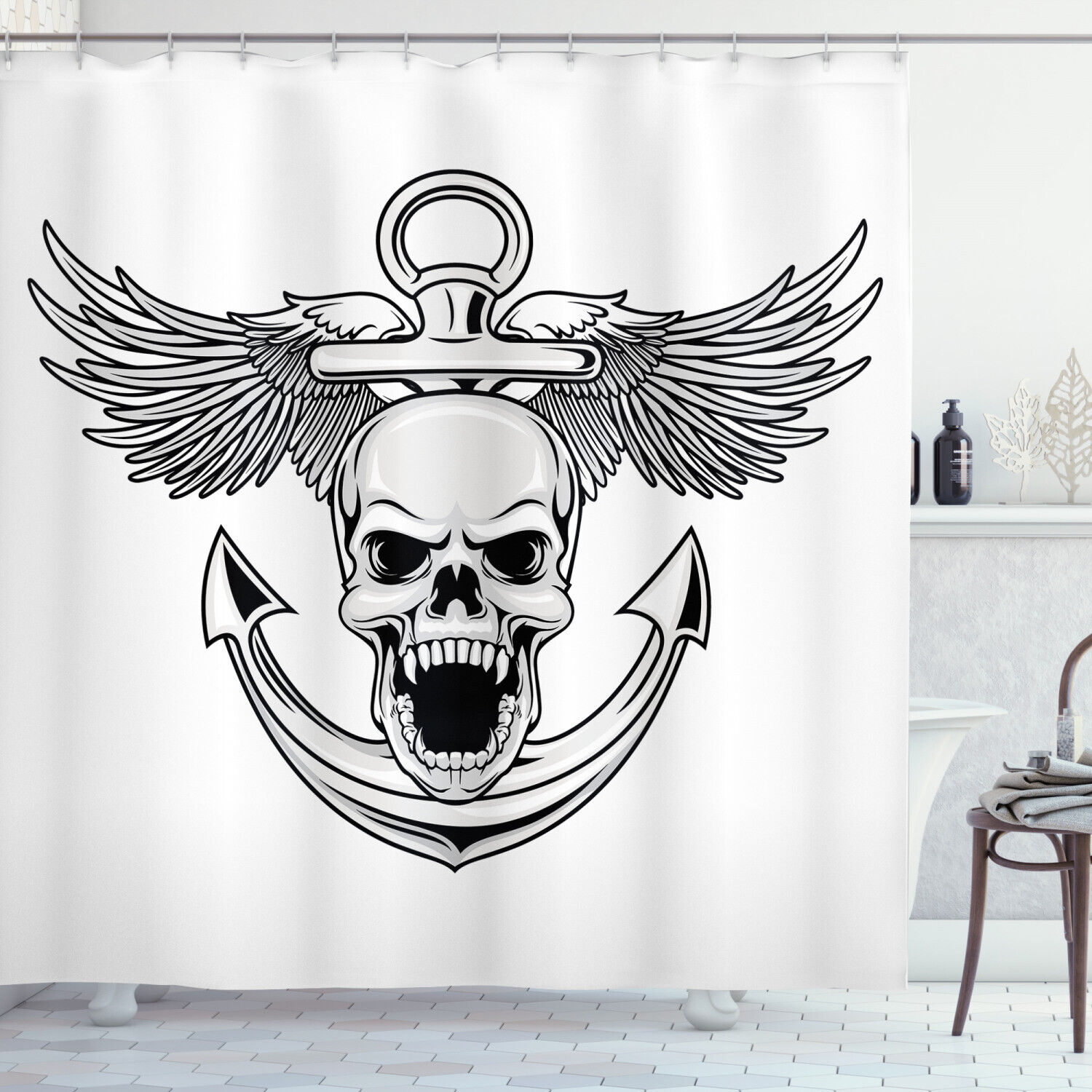 Silver and White Skull with Anchor and Eagle Wings Print Shower Curtain - Waterproof Bath Curtain
