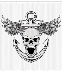 Silver and White Skull with Anchor and Eagle Wings Print Shower Curtain - Waterproof Bath Curtain