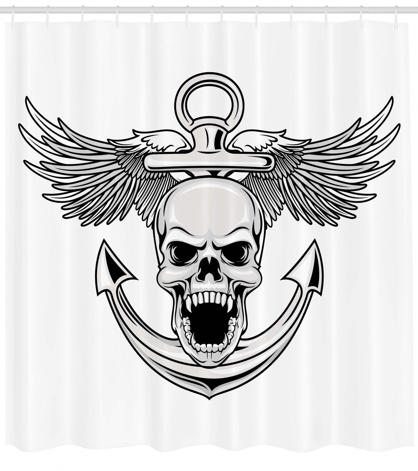 Silver and White Skull with Anchor and Eagle Wings Print Shower Curtain - Waterproof Bath Curtain