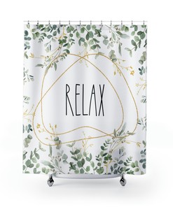 Simple Bathroom Decor With Floral Boho Chic Shower Curtain - Relax, Eucalyptus Leaves, Sage Green Watercolor