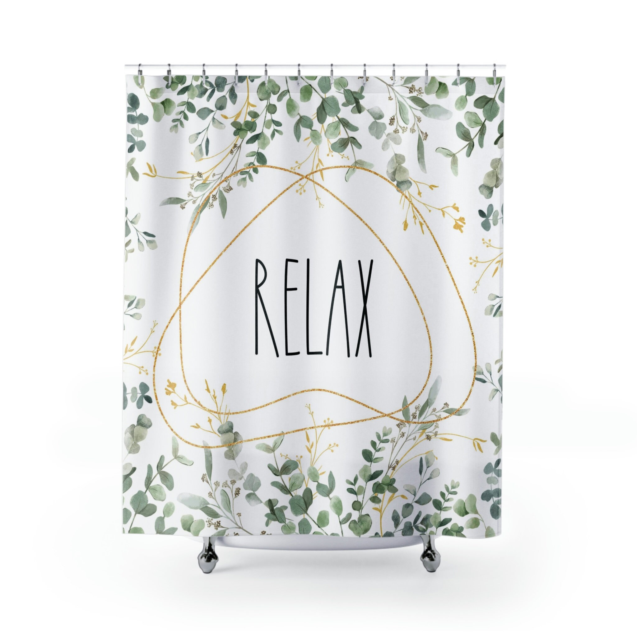 Simple Bathroom Decor With Floral Boho Chic Shower Curtain - Relax, Eucalyptus Leaves, Sage Green Watercolor
