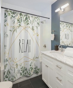 Simple Bathroom Decor With Floral Boho Chic Shower Curtain - Relax, Eucalyptus Leaves, Sage Green Watercolor