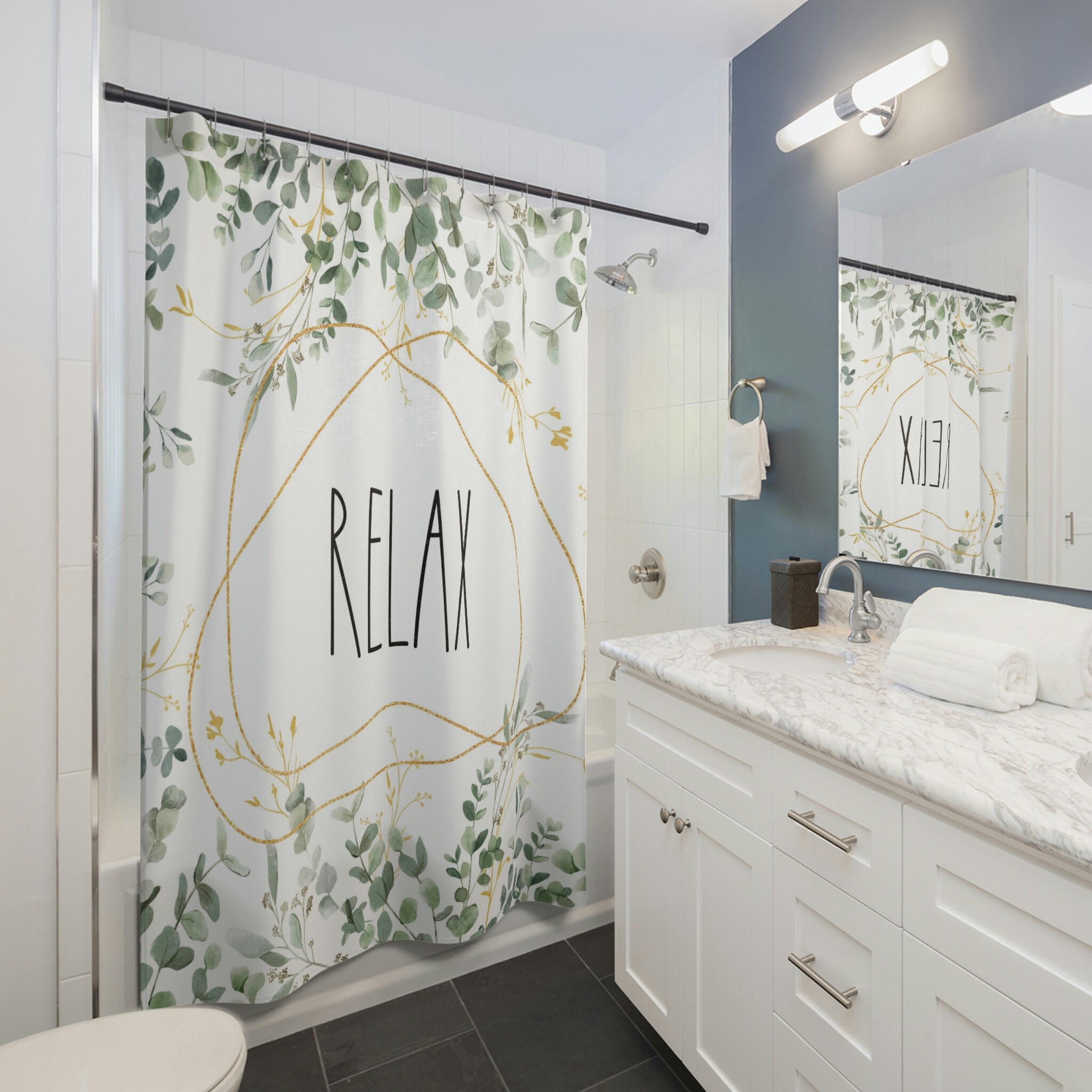 Simple Bathroom Decor With Floral Boho Chic Shower Curtain - Relax, Eucalyptus Leaves, Sage Green Watercolor