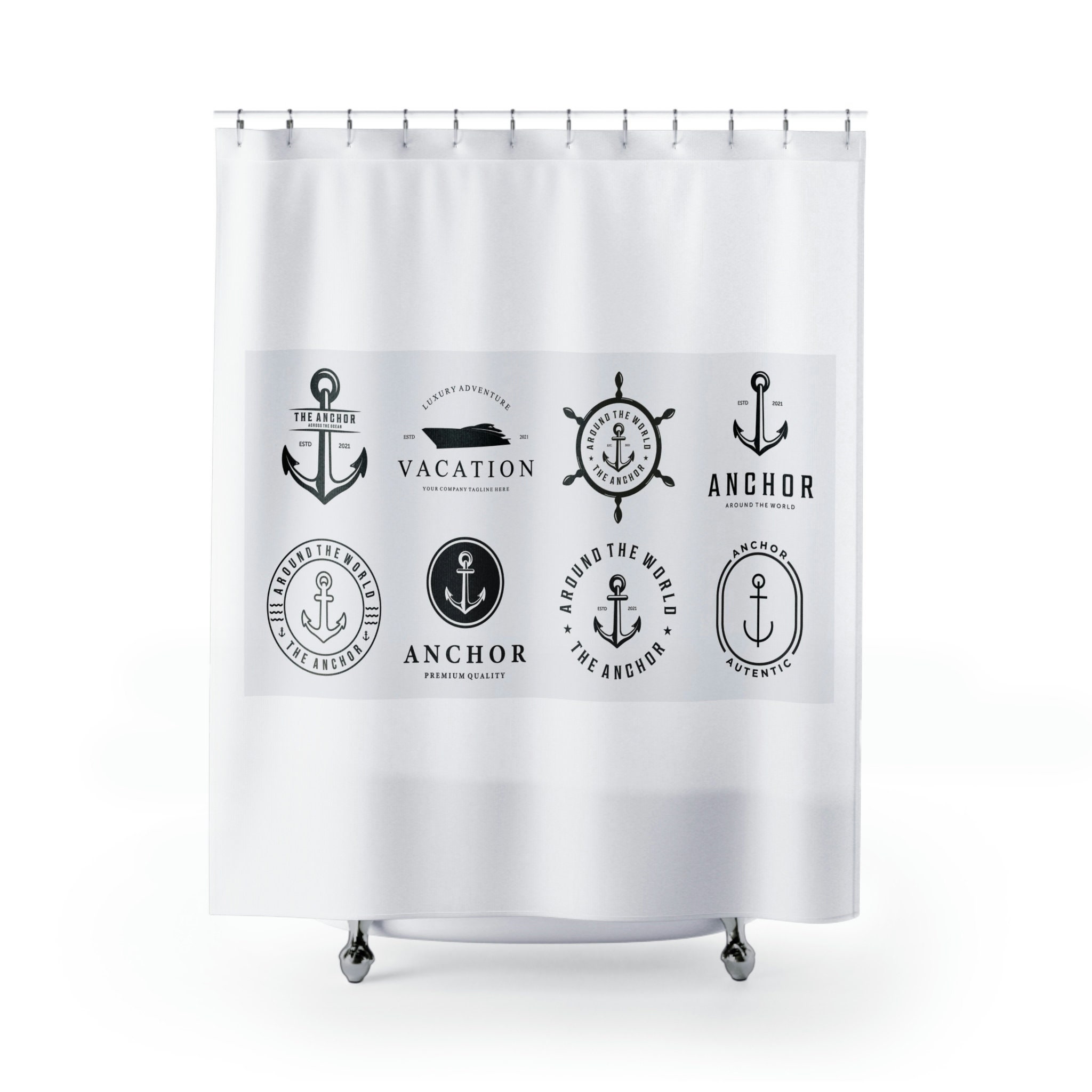 Simple Black And White Anchor Marine Shower Curtain For Bathroom