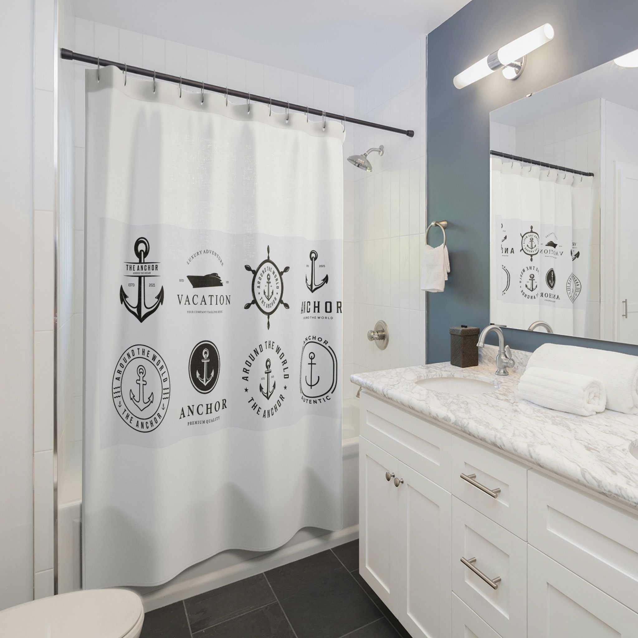 Simple Black And White Anchor Marine Shower Curtain For Bathroom - Image 2