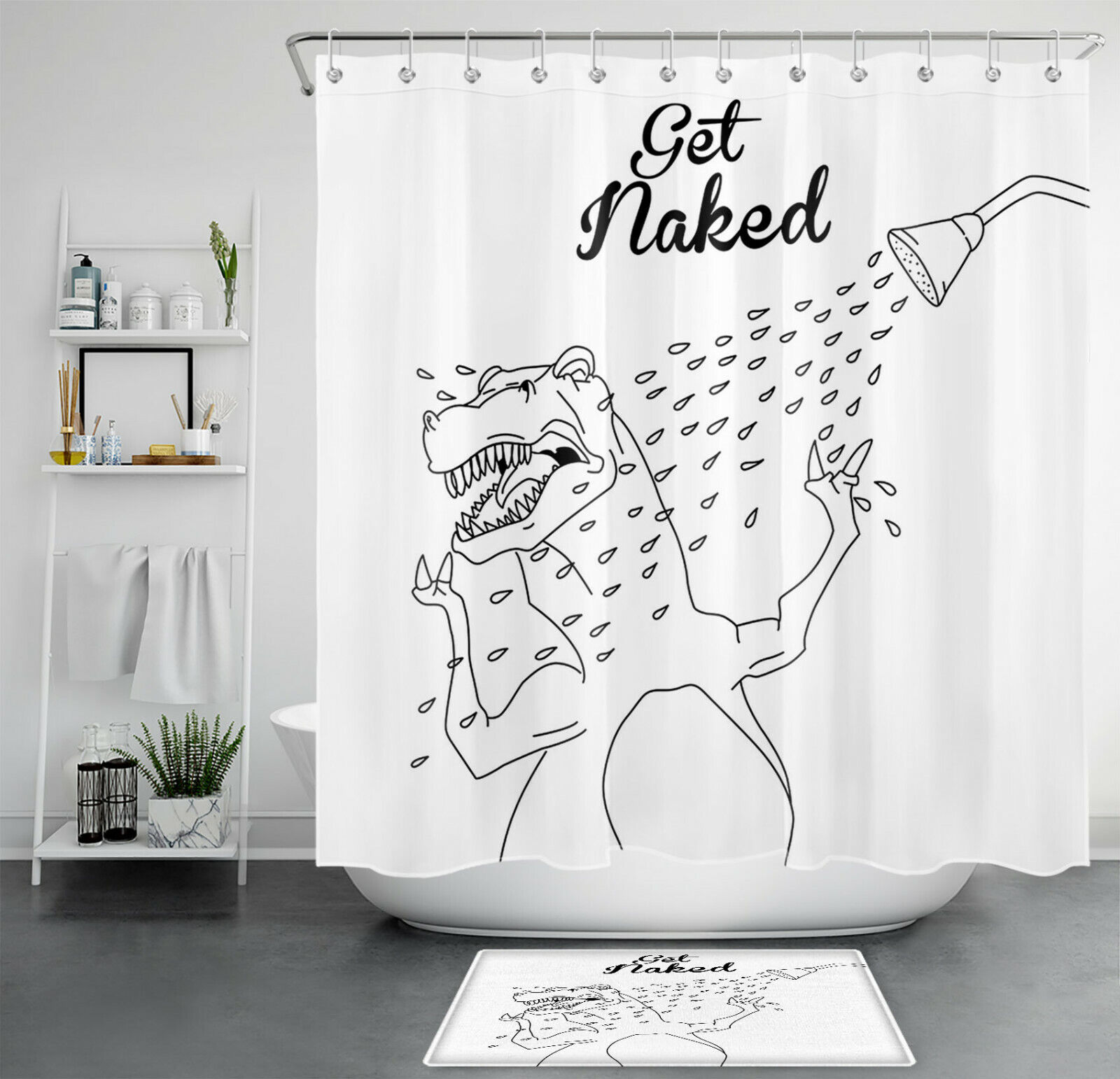 Simple Dinosaur Lines Print Shower Curtain For Modern Bathroom
