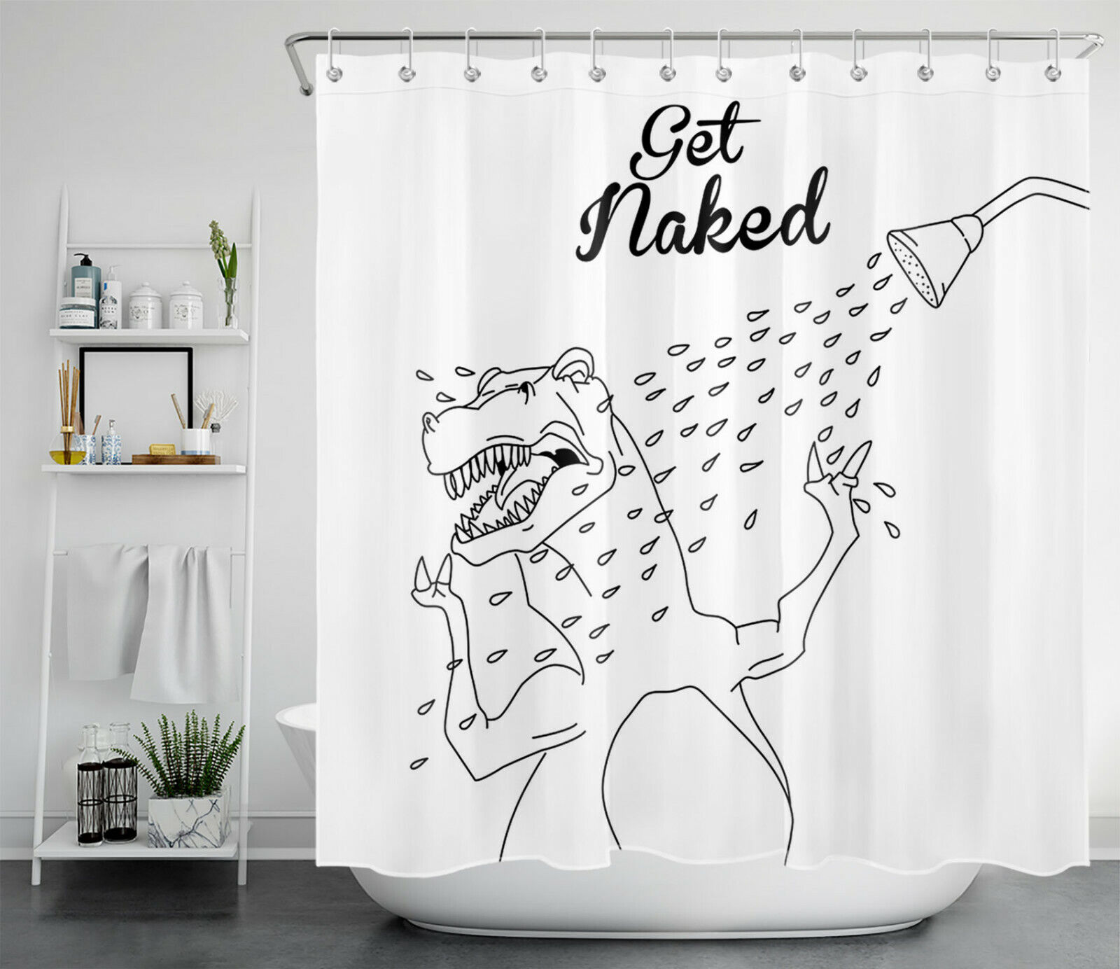 Simple Dinosaur Lines Print Shower Curtain For Modern Bathroom