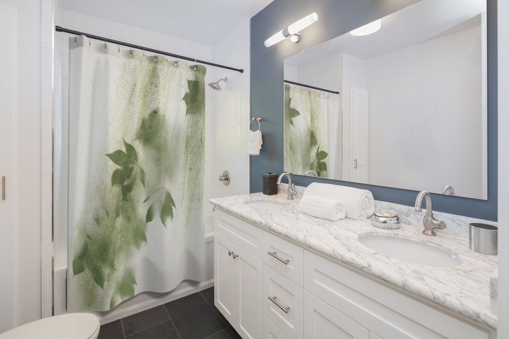 Simple Green And White Tree Shower Curtain For Bathroom Decor