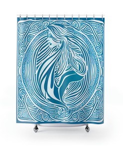 Simple and Modern Blue Mermaid Print Shower Curtain for Bathroom Decor