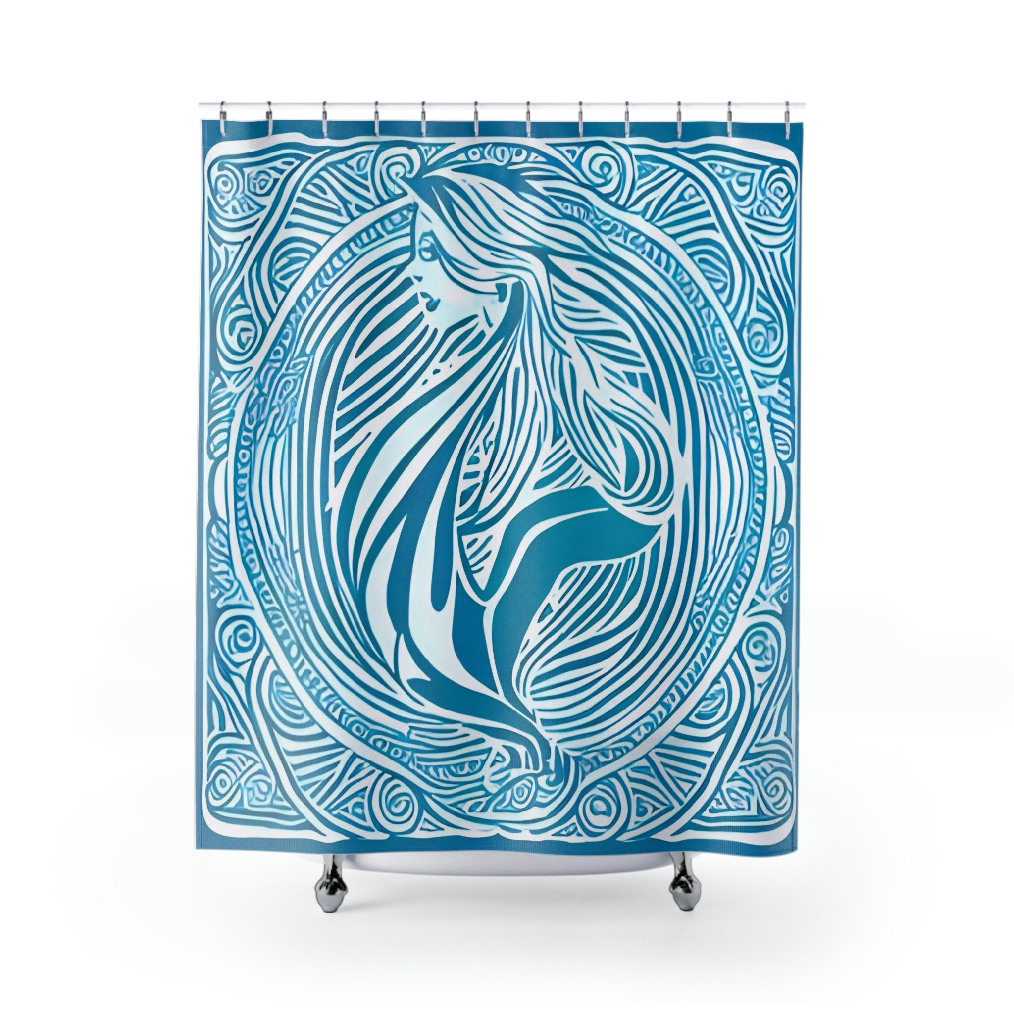 Simple and Modern Blue Mermaid Print Shower Curtain for Bathroom Decor