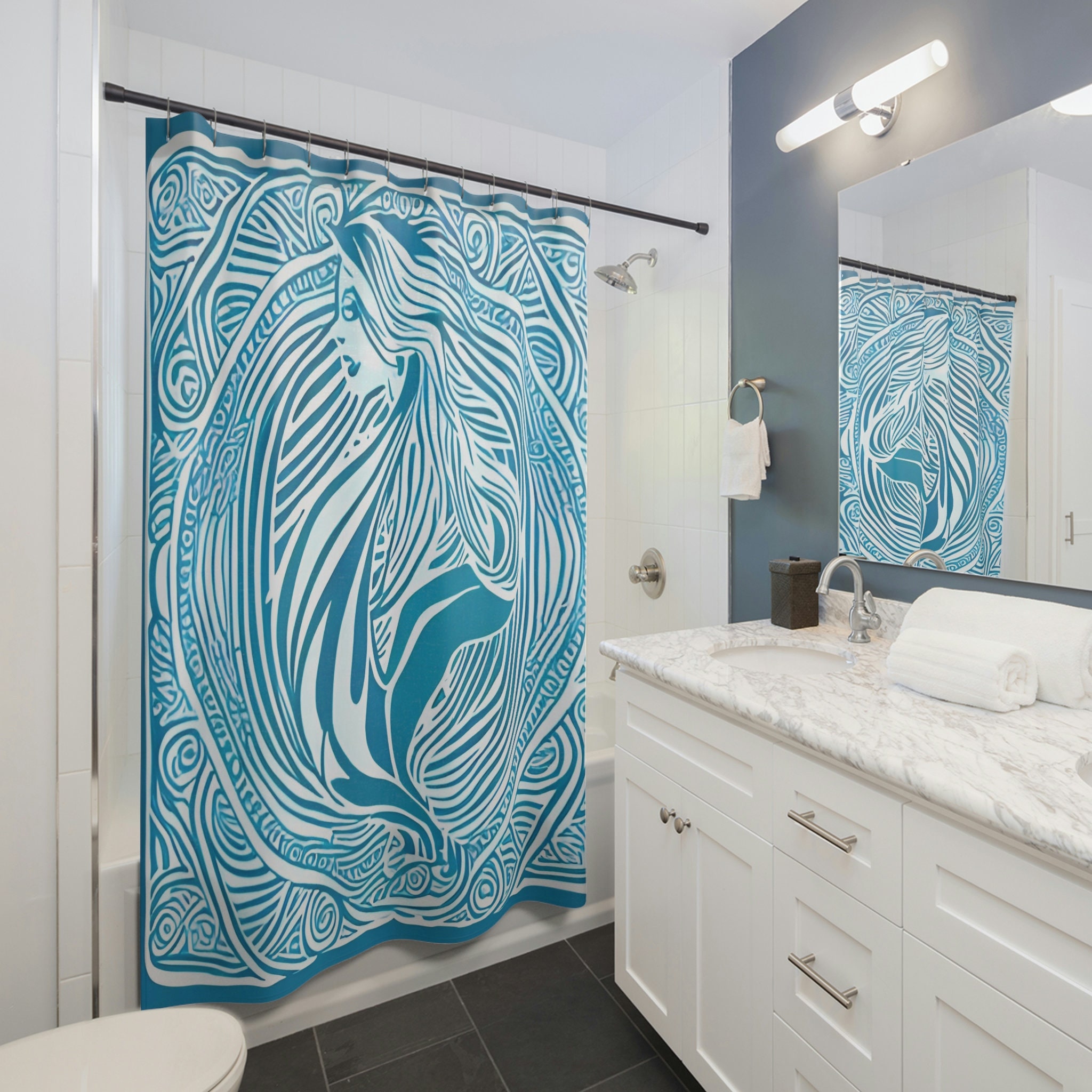 Simple and Modern Blue Mermaid Print Shower Curtain for Bathroom Decor