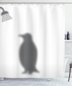 Simplistic Penguin Silhouette Shower Curtain, Illustration With Polar Animal In Showering Scene