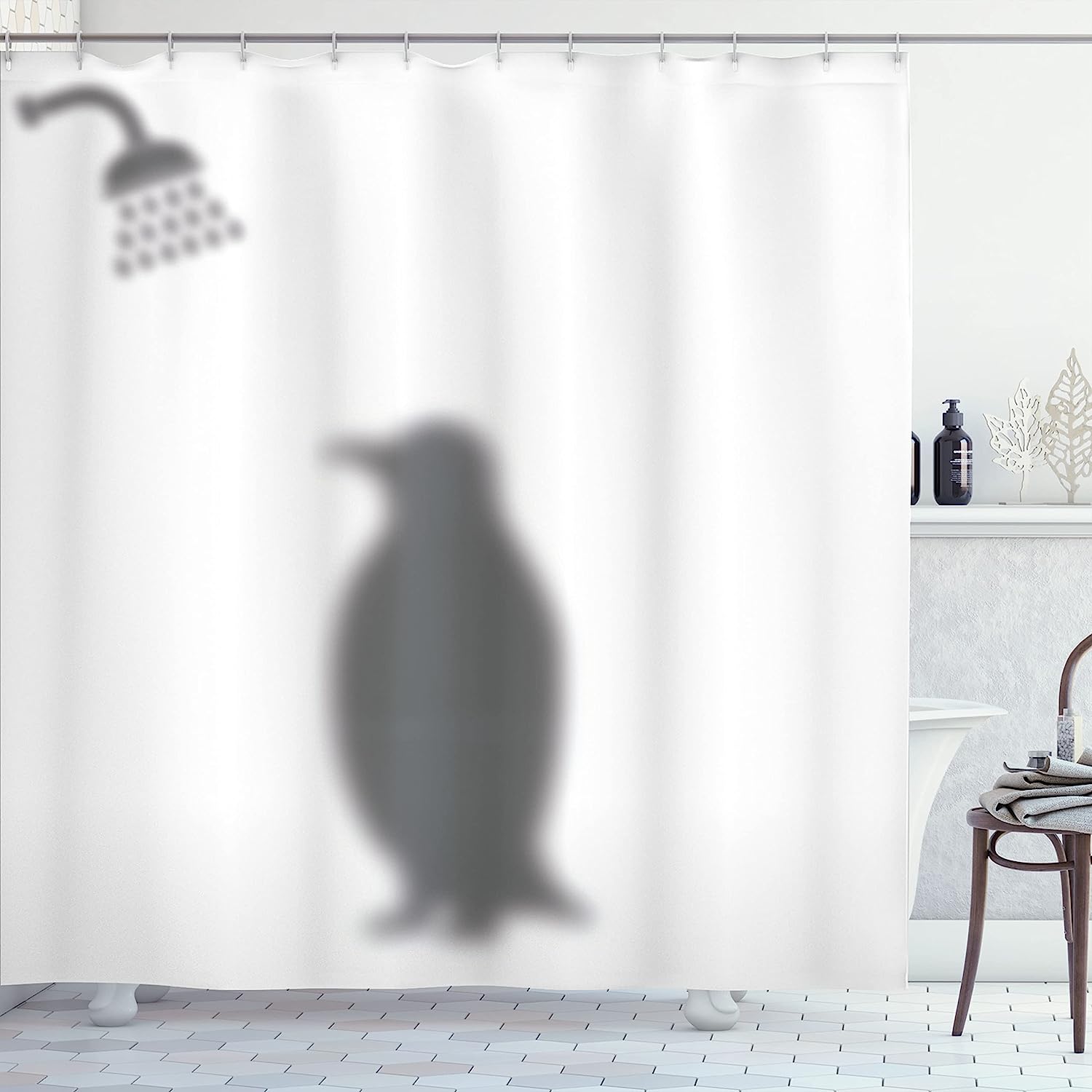 Simplistic Penguin Silhouette Shower Curtain, Illustration With Polar Animal In Showering Scene