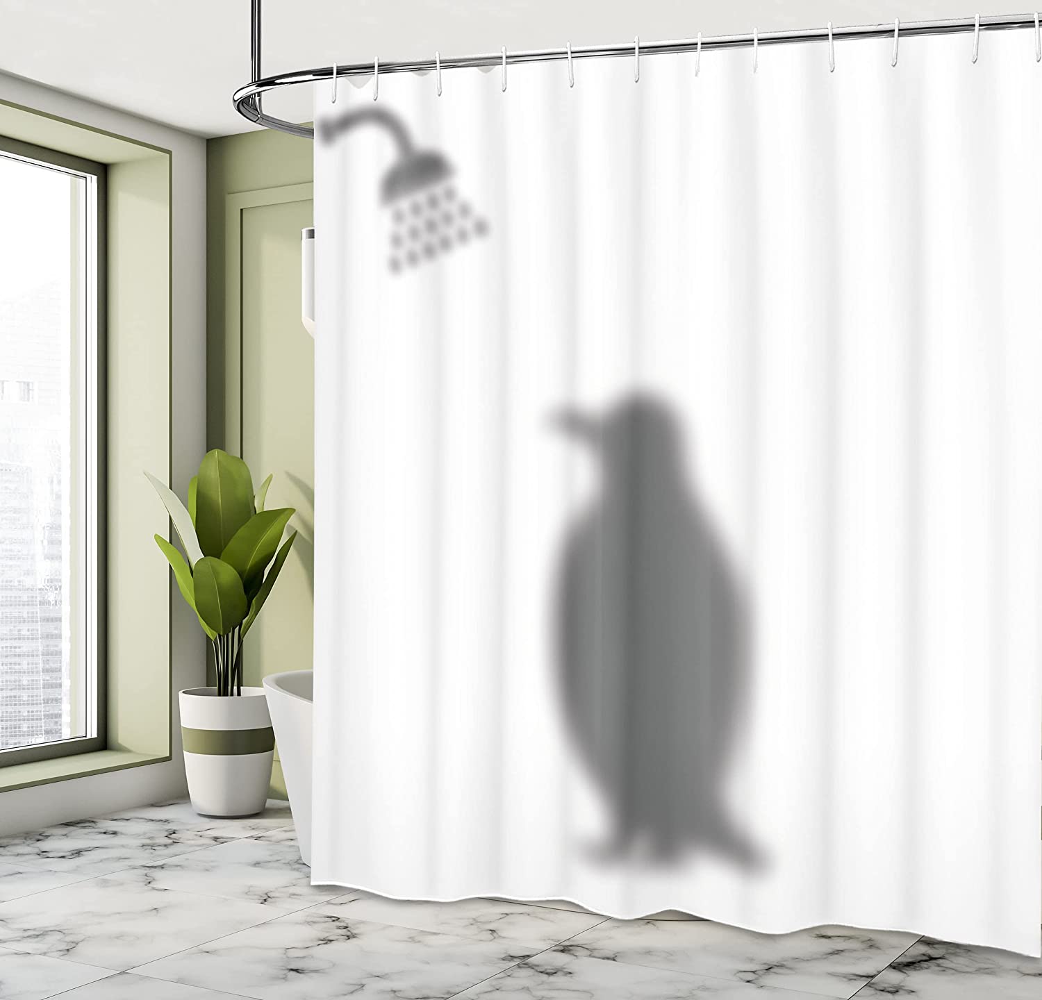 Simplistic Penguin Silhouette Shower Curtain, Illustration With Polar Animal In Showering Scene - Image 4