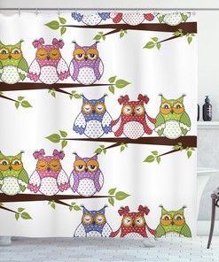 Sitting Owls on Tree Branches Friendship Themed Art Shower Curtain - Inspirational Bathroom Decor