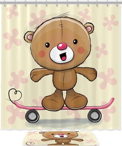 Skateboard Bear Waterproof Shower Curtain, Bathroom Decor